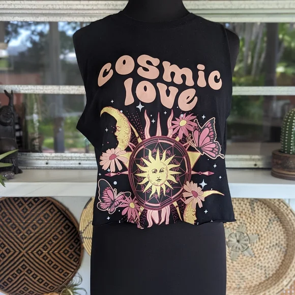 Cosmic Love M Graphic Boxy Crop Custom Cut Cropped Tank Top Hippie Celestial - Picture 8 of 10